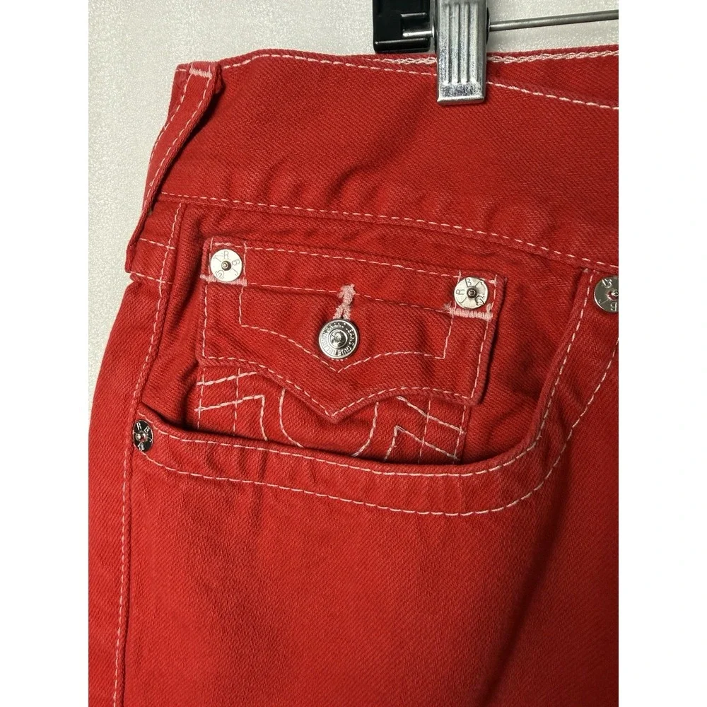 VTG Y2K True Religion Jeans Mens 40x34 Red Straight Flap Pocket Thick Stitch
